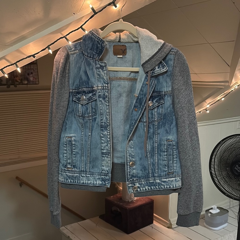 Denim and Gray Hooded Jacket